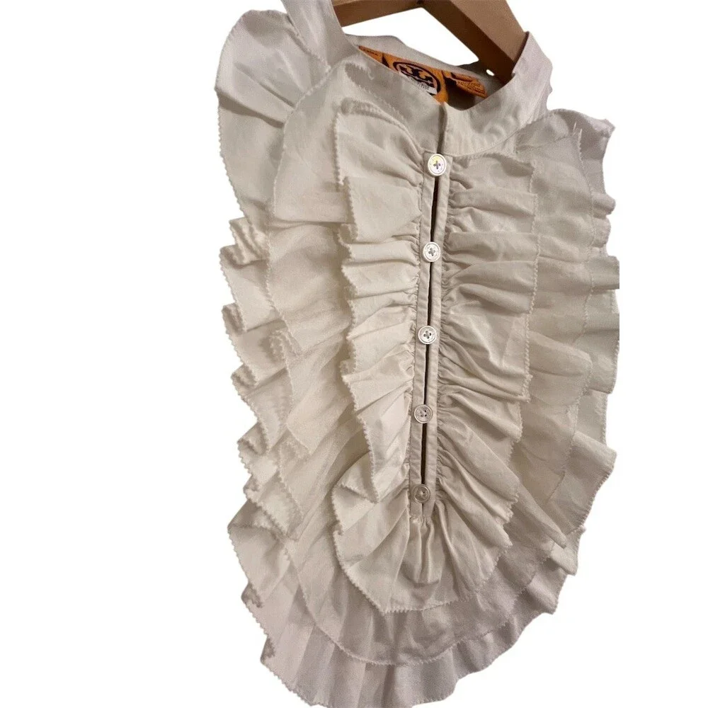 Tory Burch Blouse Womens 10 Ivory Ruffle Bib Button-Up Long Sleeve Peplum